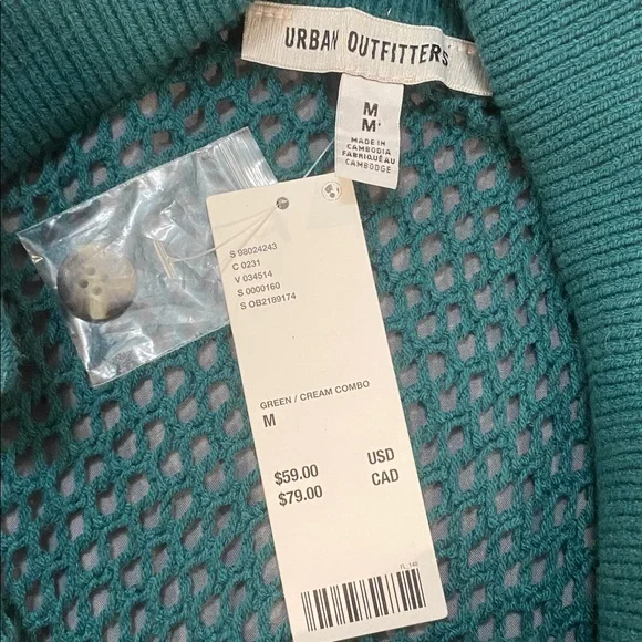 Urban Outfitters Unisex Teal & Cream Crochet Cardigan Size Medium Retro Style - Picture 12 of 14
